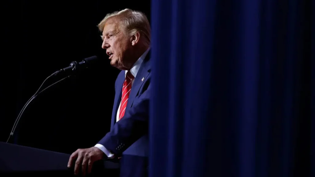 Donald Trump, the former President, addresses a campaign rally in Rome, Georgia, on March 9, 2024.