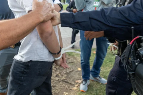 Police officers step in to manage a pro-Palestinian student demonstration at the University of Southern California in Los Angeles, California, on April 24.