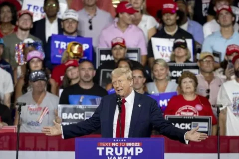 Republican presidential candidate and former President Donald Trump gestured while speaking at a campaign rally in Charlotte, North Carolina, on Wednesday.