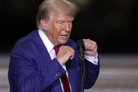 Former President and Republican presidential nominee Donald Trump speaks during a campaign event at Alro Steel in Potterville, Michigan, on Thursday, August 29, 2024.